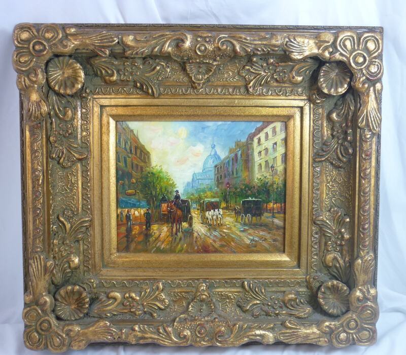 Paris Street Scene Painting Ornate 18″ x 20″ Baroque Frame Unknown Artist 24H023