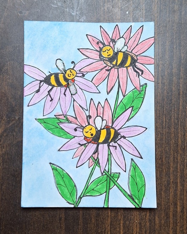 ACEO Original Honey Bees Cartoon Watercolor Painting by Sandrajean Smith
