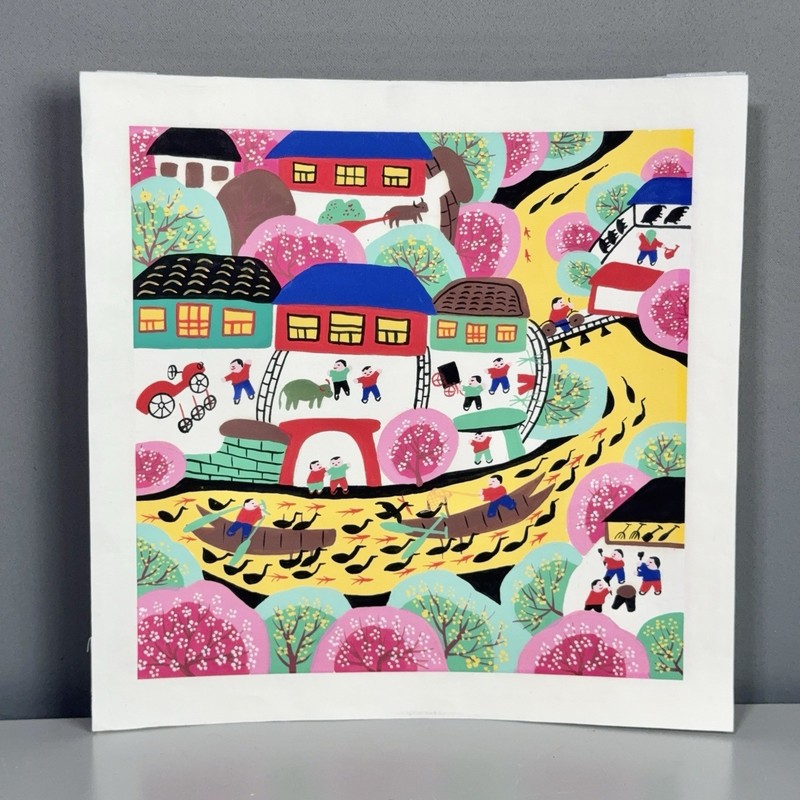 Chinese Folk Art Woodblock Print Nianhua Village Scene Hand Colored