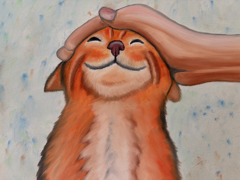 Original oil painting 11 x 14 inch happy colorful orange tabby cat being petted gallery