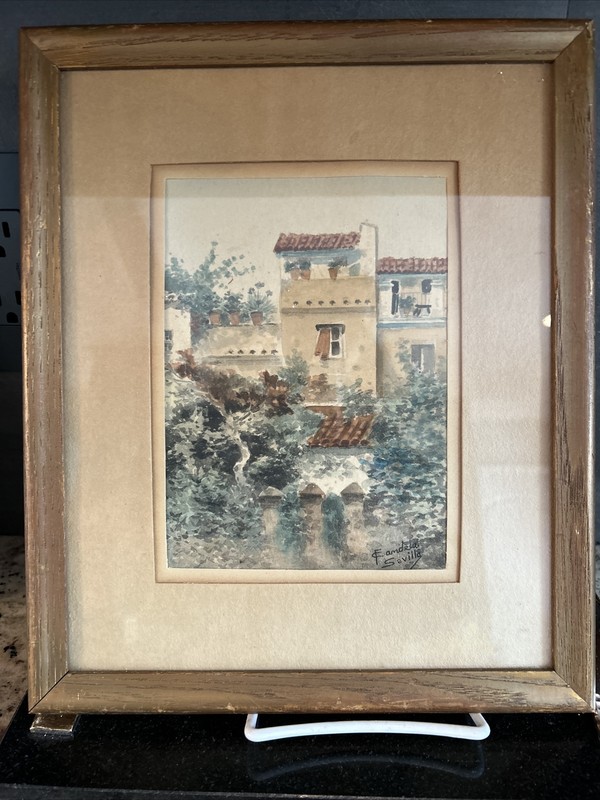 Framed Francisco Candela Signed Watercolor On Paper Sevilla Scene Spain 1900s