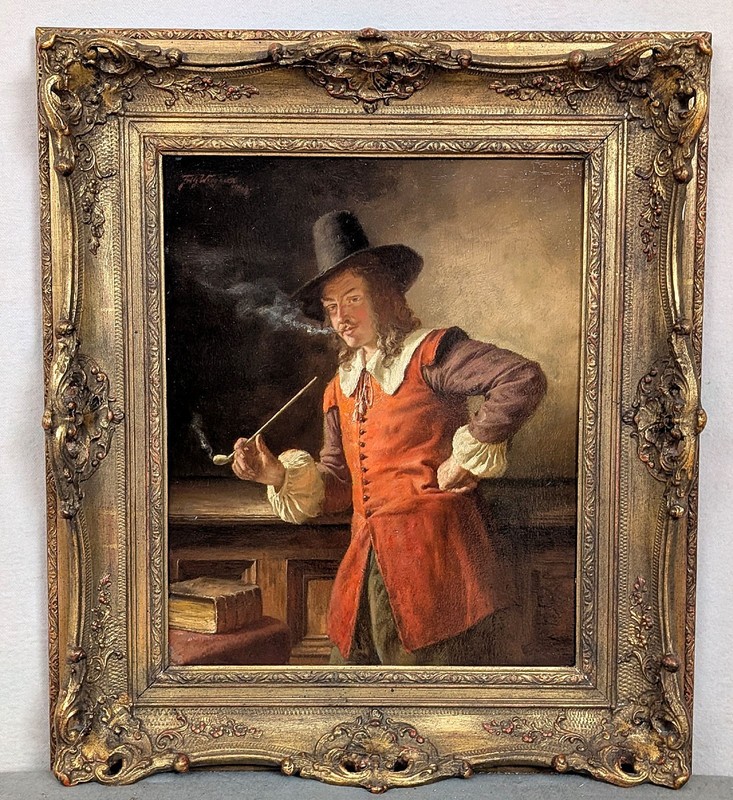 Fritz Wagner Munich 1896-1939 Oil Painting Antique Man with Hat Long Pipe Smoker