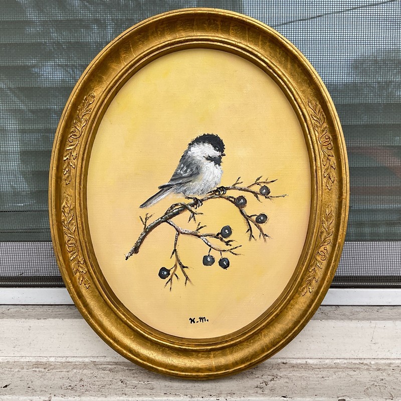 CHICKADEE # 85 - original framed oval birdie painted in oil by K. McDermott gallery