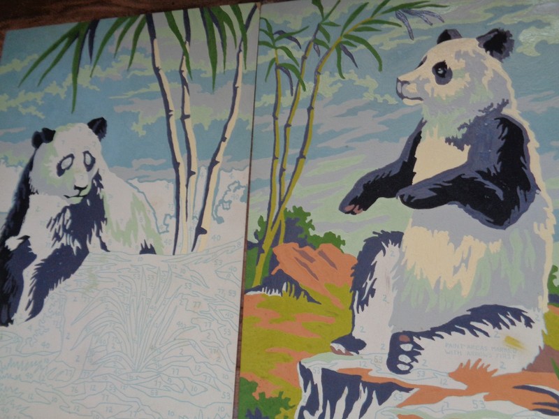 2 Vtg Paint by Number Big Eye Panda Bears 2 Oil Paintings Retro Kitsch U Finish gallery