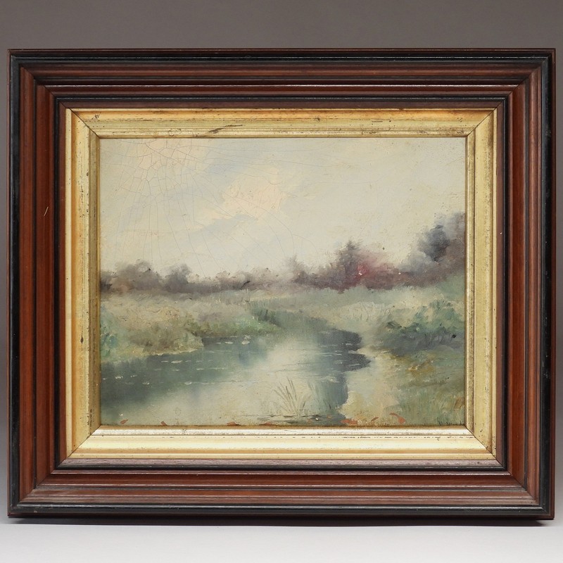 Henry Woods English Artist Impressionist Misty Day Meandering Stream Painting