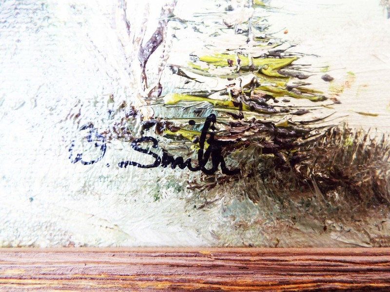 VINTAGE ORIGINAL SIGNED OIL ON WOOD W. SMITH WINTER CABIN PAINTING WOOD FRAMED gallery