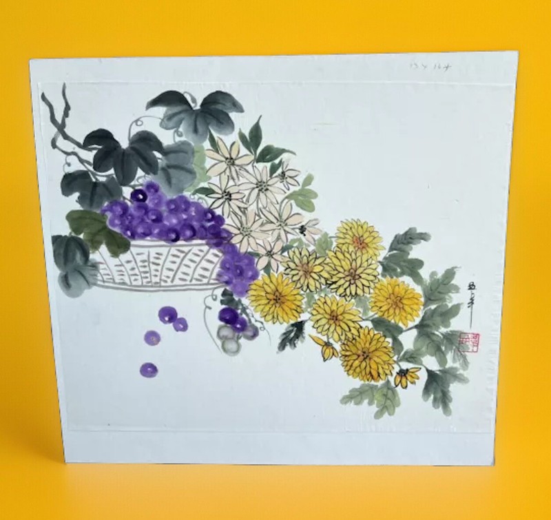Original Sumi Ink Watercolor Painting Flowers In Basket Artist Seal W Signature