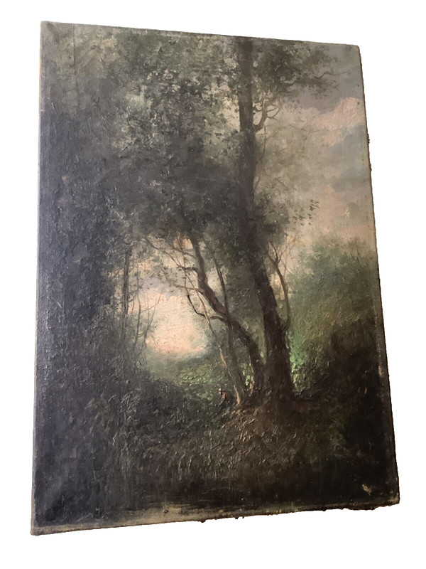 CAMILLE COROT SCHOOL - ANTIQUE FRENCH OIL 1860's - WOMAN UNDER A TREE AT SUNSET gallery