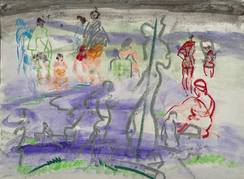 Beach Bathers Modernist Semi-Abstract Mixed Media Painting-1966-Armando Sozio gallery