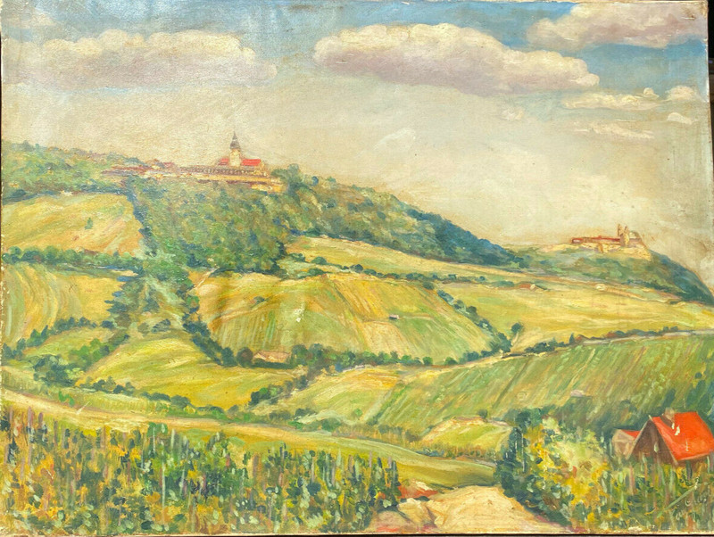 :: OIL PAINTING SIGN.FERRY GREGOR?VINES WITH CASTLE AND CASTLE ON ESTATE