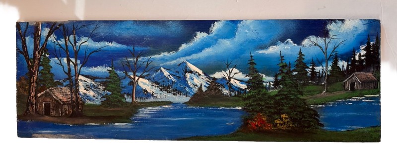 Vtg Folk Art Rustic Slab Board Mountain Lake Scene Hunting Cabin Bark Tree 7×22”
