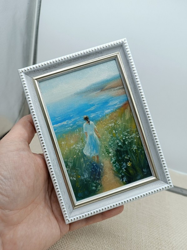 Beach Girl Original Oil Painting 4x6 Framed Signed Woman Sea Beachfront Art gallery