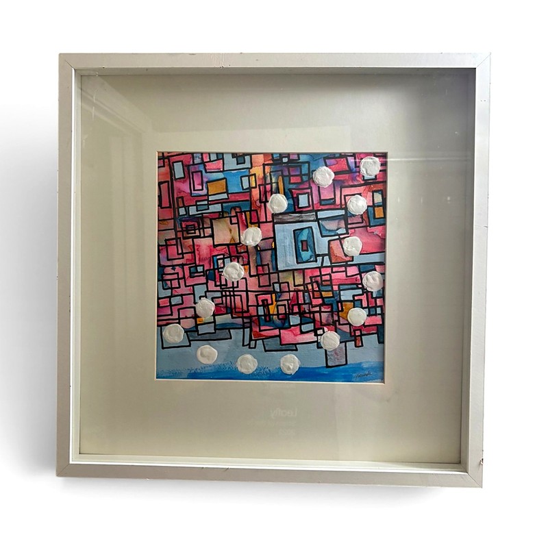 Original Abstract Mixed Media Painting Signed Cityscape Pink Blue Framed Art