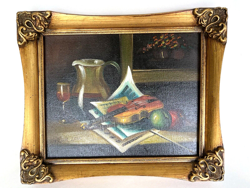 VTG Signed Frank Lehn Violin Music Sheet Still Life Oil Paint Gold Frame 11.75″