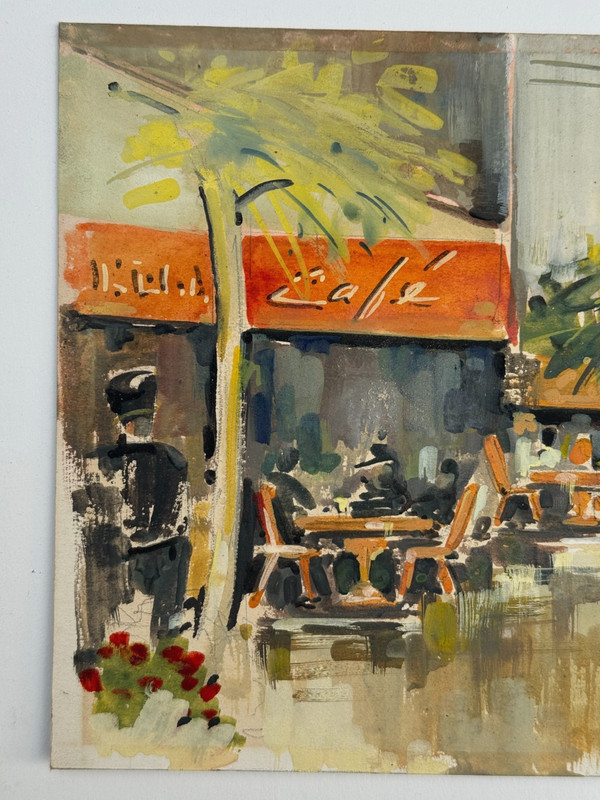 C. RAVEL SIGNED ORIGINAL PAINTING PARIS FRANCE SIDEWALK CAFE BICYCLE CITISCAPE gallery