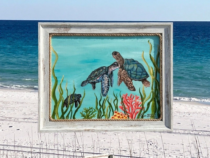 Coastal Art, Turtles & Coral, Hand Painted Oil on Canvas Board, Art by Kim G.