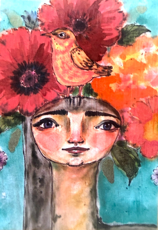 ACEO Girl Portrait Bird Painting OOAK Watercolor Mixed Media Miniature Art