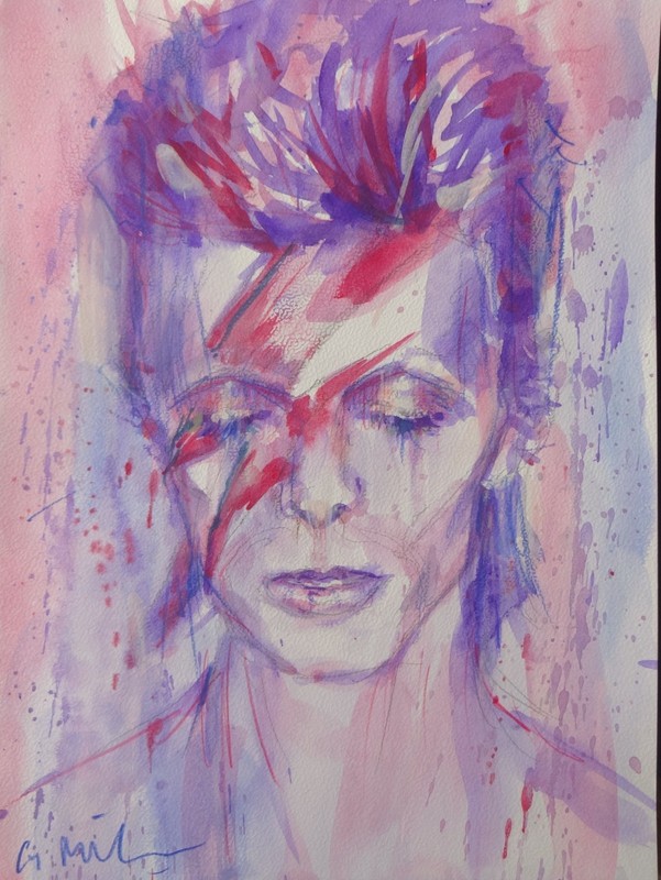 GERRY MILLER ARTWORK. «Bowie». Watercolour picture on paper. 24 x 32 cm.