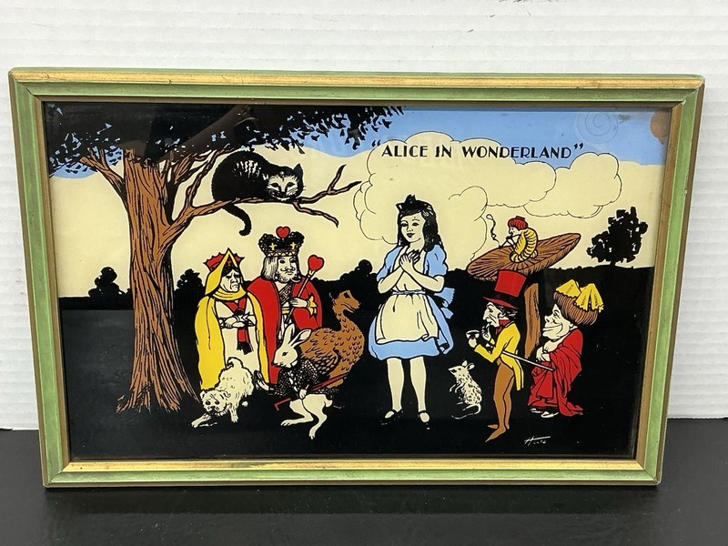 1930'S Reliance Reverse Painting Glass Alice in Wonderland Nursery Rhymes #420