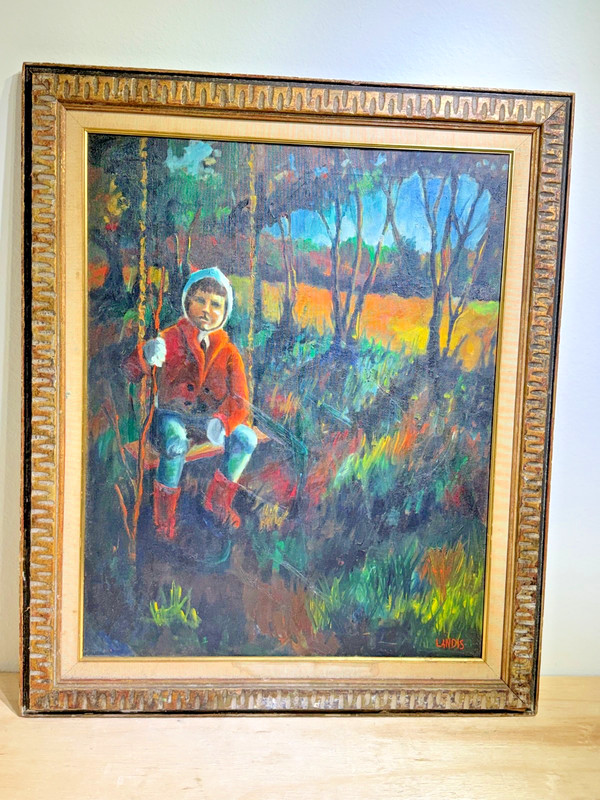Mid-Century Original Oil Painting | Child w/Red Jacket & Boots in Nature Setting gallery