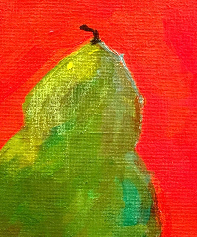 Vibrant Green Pear Acrylic Still Life Original Painting Red Background 8x8 gallery