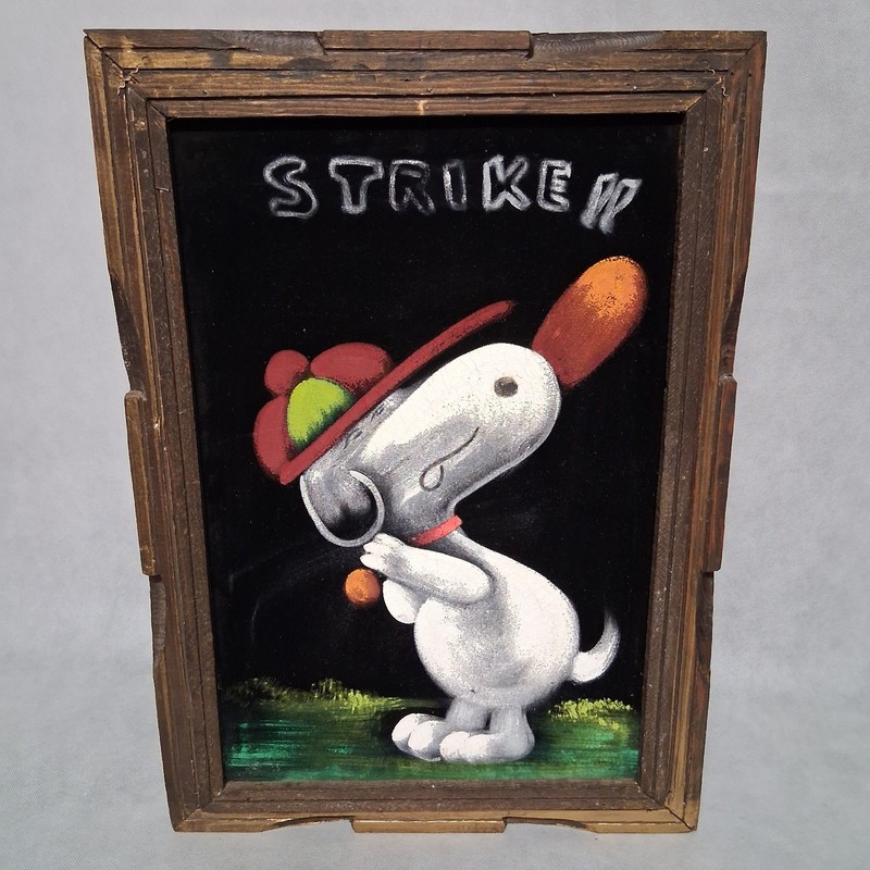 1970’s Snoopy Black Velvet Baseball Framed Painting 15×21 STRIKE!! Collar GLOWS