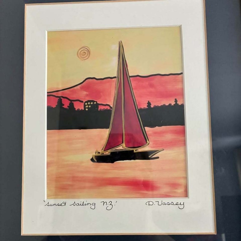 Diane Vassey Sunset Sailing N.Z. Signed Hand Embellished Print Framed 12x15 gallery