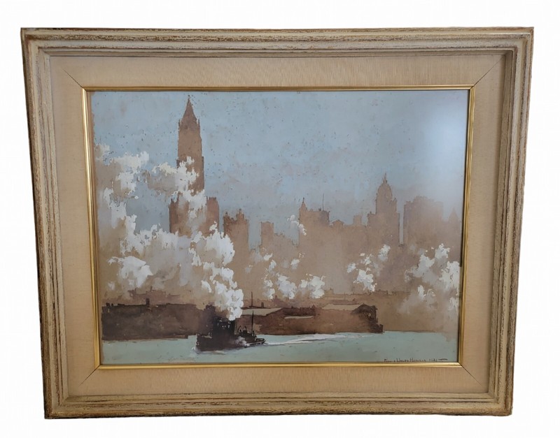 Felicie Waldo Howell Original Watercolor Gouache 1921 Chicago Cityscape Painting