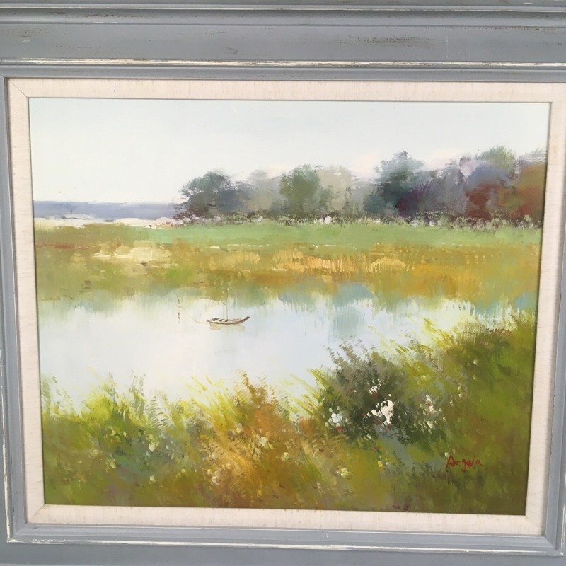 Oil Painting Stretch Canvas 32 13/16”W x 28 13/16”H Landscape Boat Grass-Angela gallery