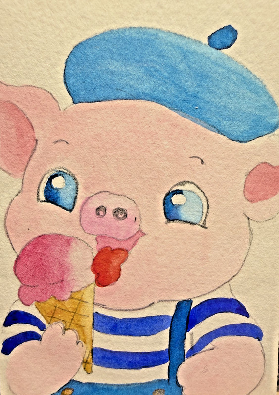 ACEO Original OOAK Signed (Not a Print) «Oink Oink» French Piggy & Ice Cream
