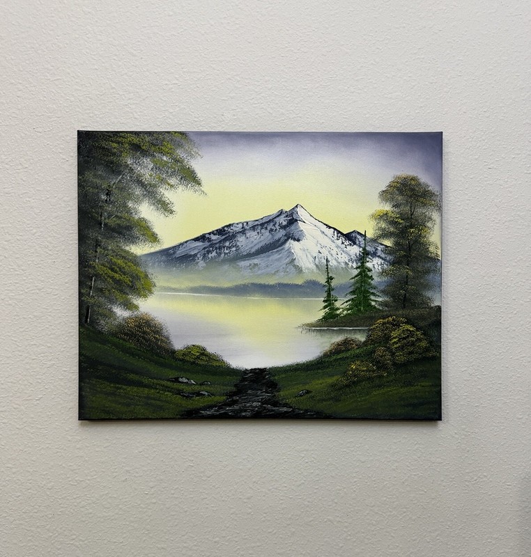 Bob Ross Style “Quiet Cove” Mountain Landscape Oil Painting 16×20 inch