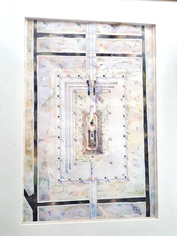 Original Watercolor Abstract Painting Tree Stokes Signed Geometric Art Frame