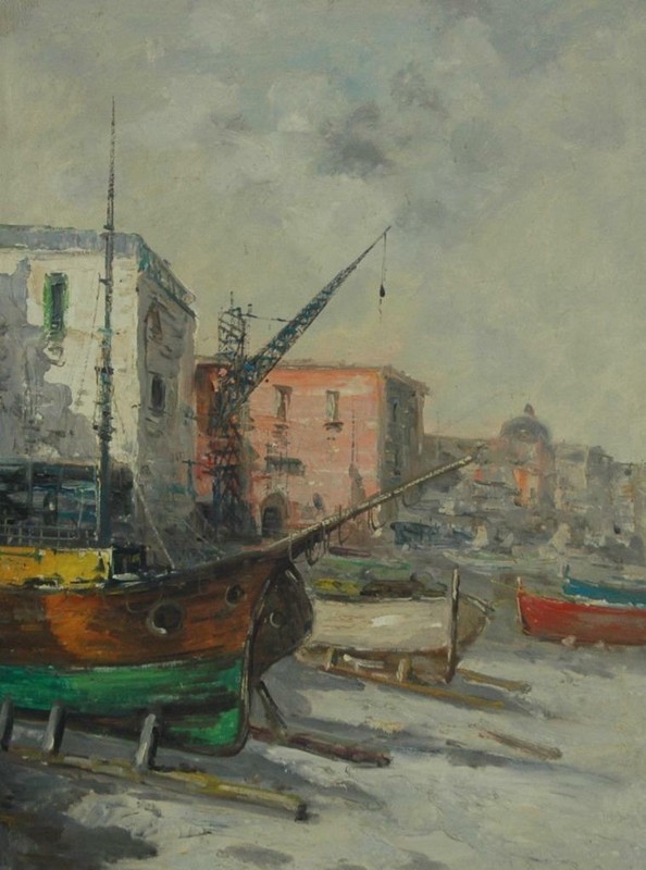 Vintage Oil on Canvas of a Boatyard Marine Scene by Artist Vitolante Pezzella