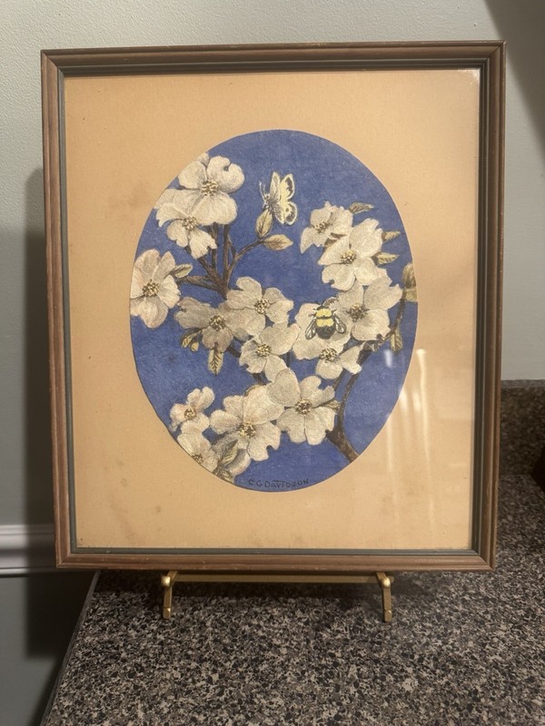 Antique Charles Grant Davidson Original Watercolor Painting Dogwood Flowers Bee