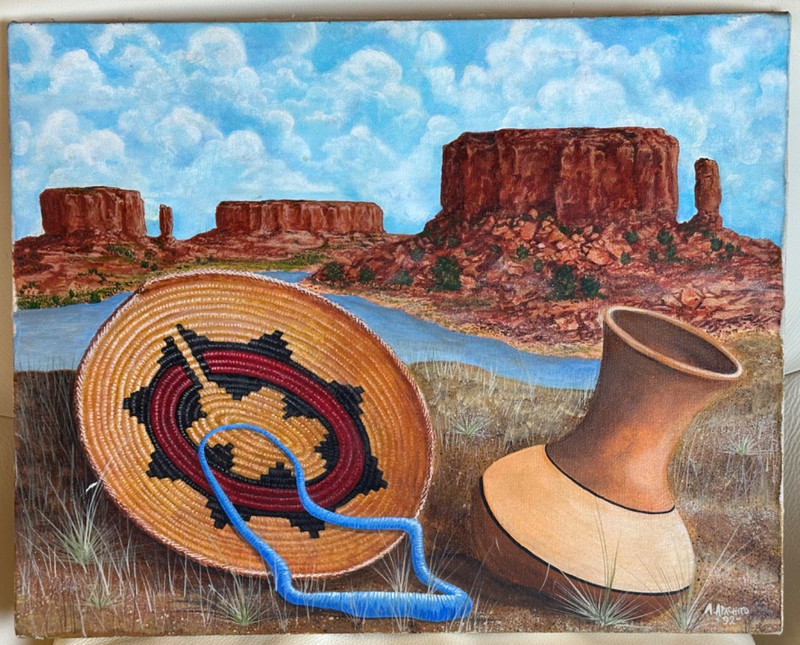 A APACHITO NATIVE AMERICAN VINTAGE ORIGINAL PAINTING ON CANVAS SIGNED 16″ X 20″
