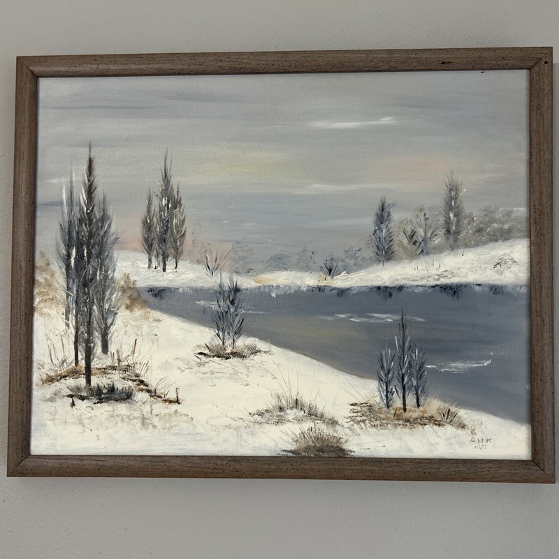 Original Art Winter Landscape Textured Painting on Canvas Faux Wood Frame Signed