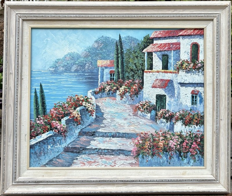 K. Wallis Mediterranean Seascape Signed Oil Canvas 25 3/4” x 21 3/4”