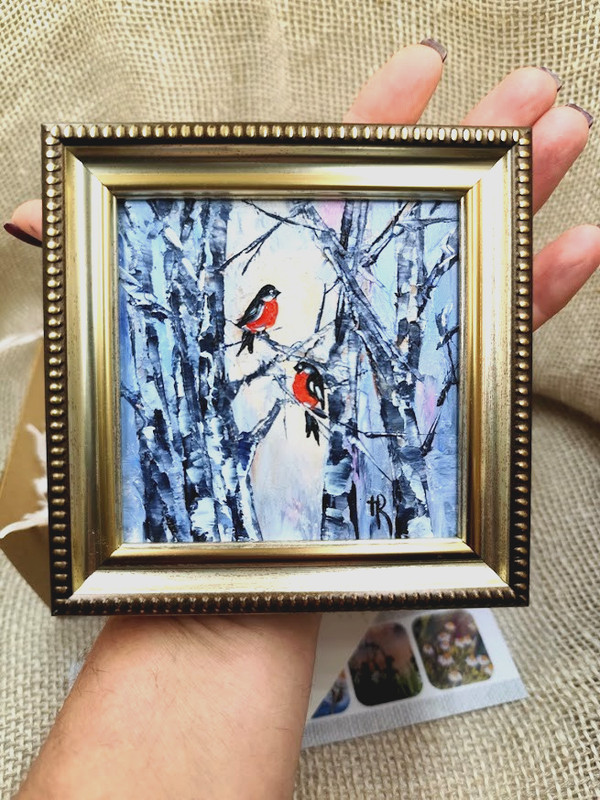 Original Oil Painting Winter Forest Two Red Birds Framed 4x4in Best Gift gallery