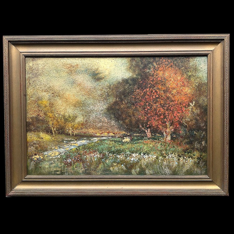 Antique Vtg Impressionist Landscape Meadow Stream Flowers Cows Painting on Board