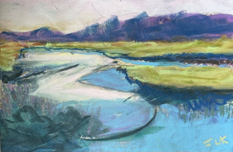 PAiNTING ORIGINAL SIGNED PASTEL 6”” X 9”. “ Marsh With Pink Sky￼.”