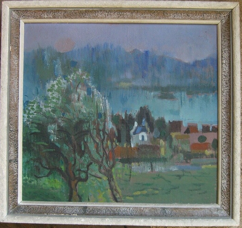 ::OIL PAINTING EXPRESSIONIST °CITY ON THE SHORE WITH CHURCH TOWER ANTIQUE FRAME MEADOW SUMMER