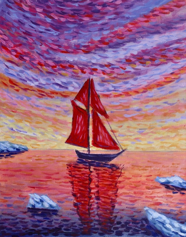 ShawNshawN Sailboat Original painting on Canvas 16×20 Snowy Ice Sunset Art