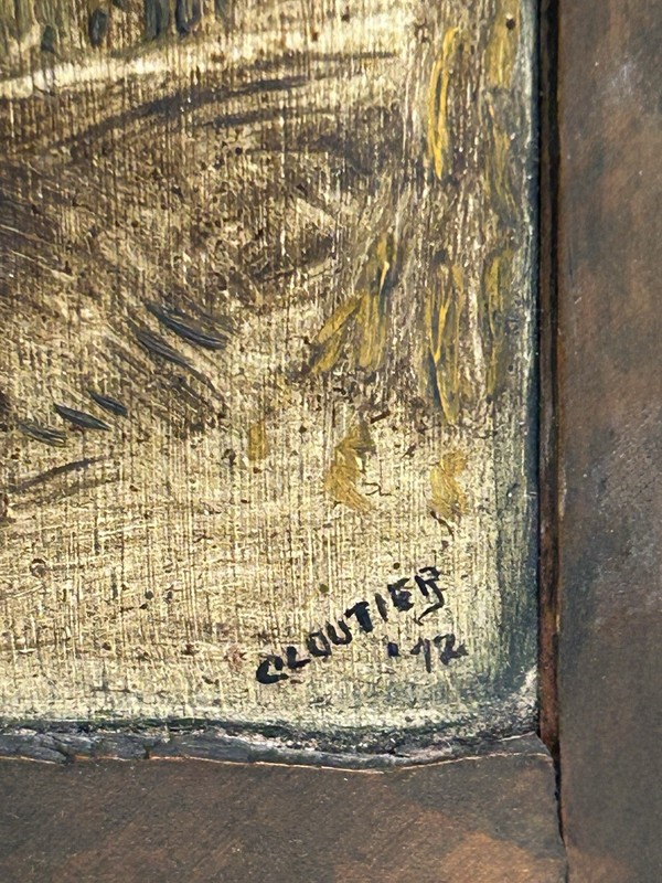 Antique Original Signed Cloutier Oil Painting Chalkboard Little Drummer Boy 1872 gallery