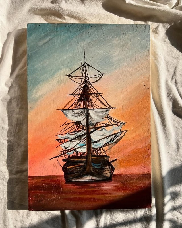 Original Tall Ship Painting Sunset Acrylic Wood Panel Nautical Seascape 12×18