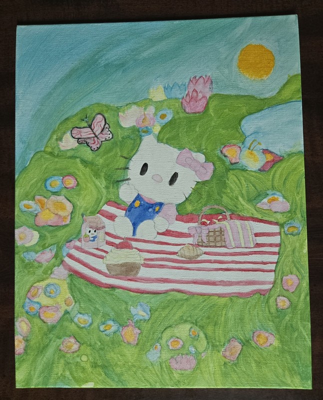 Hello Kitty Picnic Scene Canvas Painting, Unframed 12 × 16