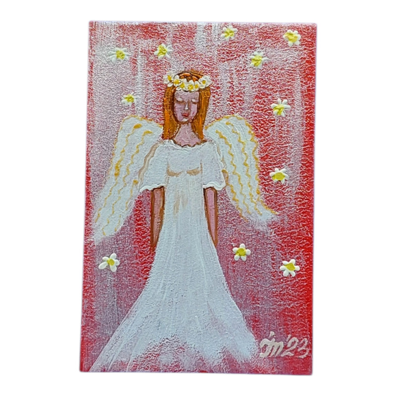 Angel Guardian with Flowers Original Painting Angel Wings Handmade Wall Art 6×4