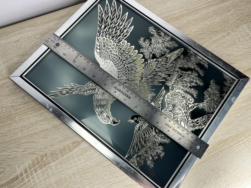 Vintage Korean Etched Glass Art Eagle & Small Bird Scene 15x11.5 Framed Mirror gallery