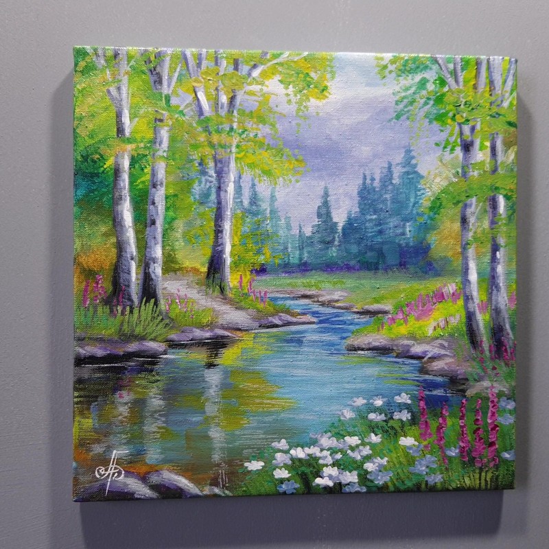 Summer Peace Landscape Acrylic Painting River Forest Nature Canvas Artwork 8x8 gallery