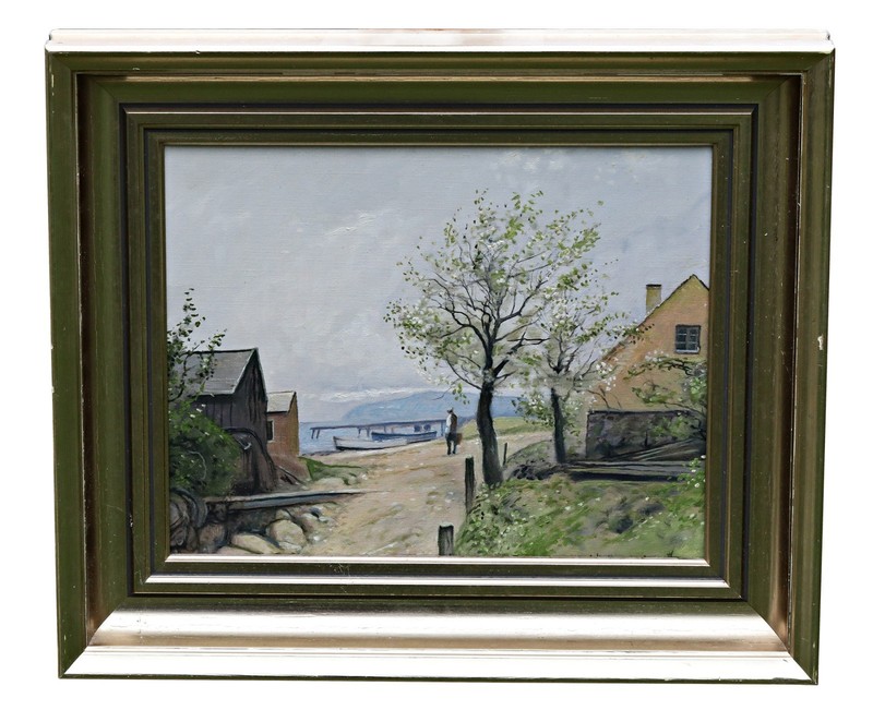 Oil Painting On Canvas, Signed Niels Walseth, Coastal Scene with Man and Boats