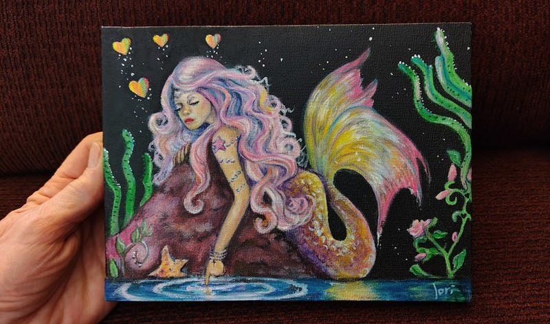Mermaid- I will Always Love You- Acrylic painting on small 6″x8″ canvas original